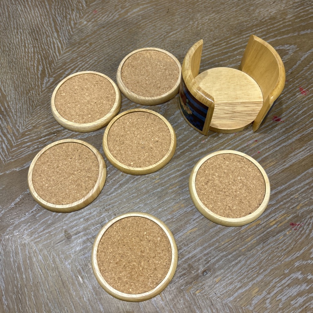 Vintage Kamenstein Wood Round Coaster Set 6 Pc Natural with Holder Apple Pie - Picture 5 of 7